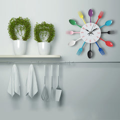 Cutlery Metal Kitchen Wall Clock Spoon Fork Creative Quartz Wall Mounted Clocks Modern Design Decorative Horloge, Silver, Silver