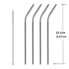 5pcs Reusable Stainless Steel Bent Drinking Straw + Cleaner Brush Set Kit,  215*6mm, 215*6mm (Bent)