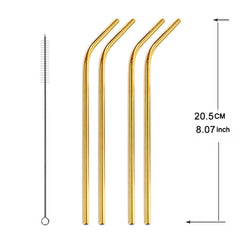 5pcs Reusable Stainless Steel Bent Drinking Straw + Cleaner Brush Set Kit,  266*6mm, 266*6mm (Bent)