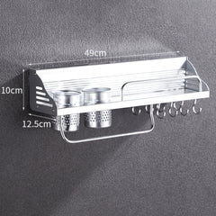 50cm 2 Cups 8 Hooks Multi-function Kitchen Punching-free Wall-mounted Plastic Edge Condiment Holder Storage Rack, 50cm Punching-free Plastic Edge
