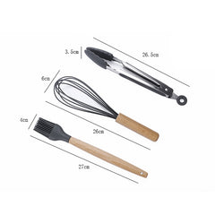 kn082 9 in 1 Wooden Handle Silicone Kitchen Tool Set with Storage Bucket, Black, Pink, Green