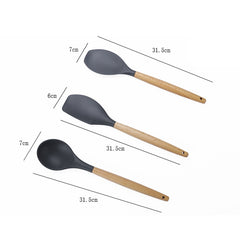 kn082 11 in 1 Wooden Handle Silicone Kitchen Tool Set with Storage Bucket, Black, Pink, Green