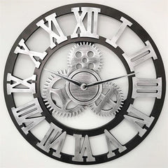 Retro Wooden Round Single-sided Gear Clock Rome Number Wall Clock, Diameter: 30cm, Rome Number 30cm