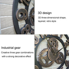 Retro Wooden Round Single-sided Gear Clock Number Wall Clock, Diameter: 40cm, Number 40cm, Number 40cm (Silver)