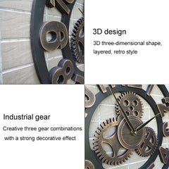 Retro Wooden Round Single-sided Gear Clock Arabic Number Wall Clock, Diameter: 30cm, Number 30cm