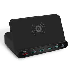 828W 7 in 1 60W QC 3.0 USB Interface + 4 USB Ports + USB-C / Type-C Interface + Wireless Charging Multi-function Charger with Mobile Phone Holder Function, UK Plug, UK Plug Black, UK Plug White