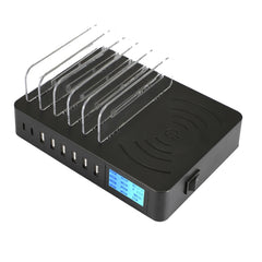 50W 6 USB Ports + 2 USB-C / Type-C Ports + Wireless Charging Multi-function Charger with LED Display & Detachable Bezel, EU Plug, EU Plug