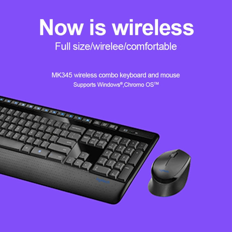 Logitech MK345 Wireless Full-size Keyboard + 2.4GHz 1000DPI Wireless Optical Mouse Set with Nano Receiver, Logitech MK345
