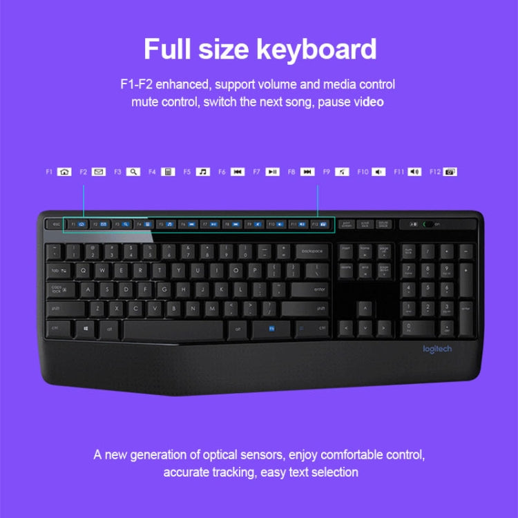 Logitech MK345 Wireless Full-size Keyboard + 2.4GHz 1000DPI Wireless Optical Mouse Set with Nano Receiver, Logitech MK345