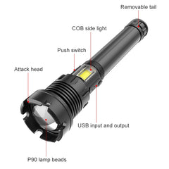 Long Style Micro USB Charging Outdoor Waterproof P90 + COB LED Flashlight, Support Power Display & Telescopic Focusing & 7-level Brightness Adjustment, P90