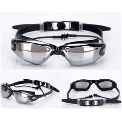 Electroplating Anti-fog Silicone Swimming Goggles with One-piece Ear Plugs for Adults, A-380 (Black)