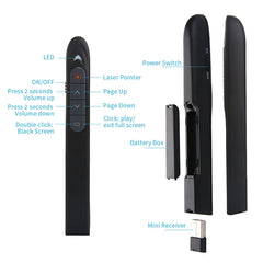 XM930 2.4GHz Wireless Laser PowerPoint Page Turning Pen Multimedia Wireless Presentation Projection Pen with USB Receiver, Support Low Battery Remind, Remote Control Distance: 100m, 100m White, 100m Black