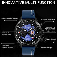 SANDA 5010P Six-Pin Cool Big Dial Waterproof Three-Eye Men Watch Leather Strap Fashion Trend Men Watch