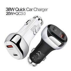 YSY-312PD QC3.0 18W USB + PD 20W USB-C / Type-C Car Charger with USB to 8 Pin Data Cable, PD 20W with 8 Pin Cable