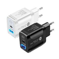 PD25W USB-C / Type-C + QC3.0 USB Dual Ports Fast Charger with USB to Type-C Data Cable, EU Plug, EU Plug + USB to Type-C Cable