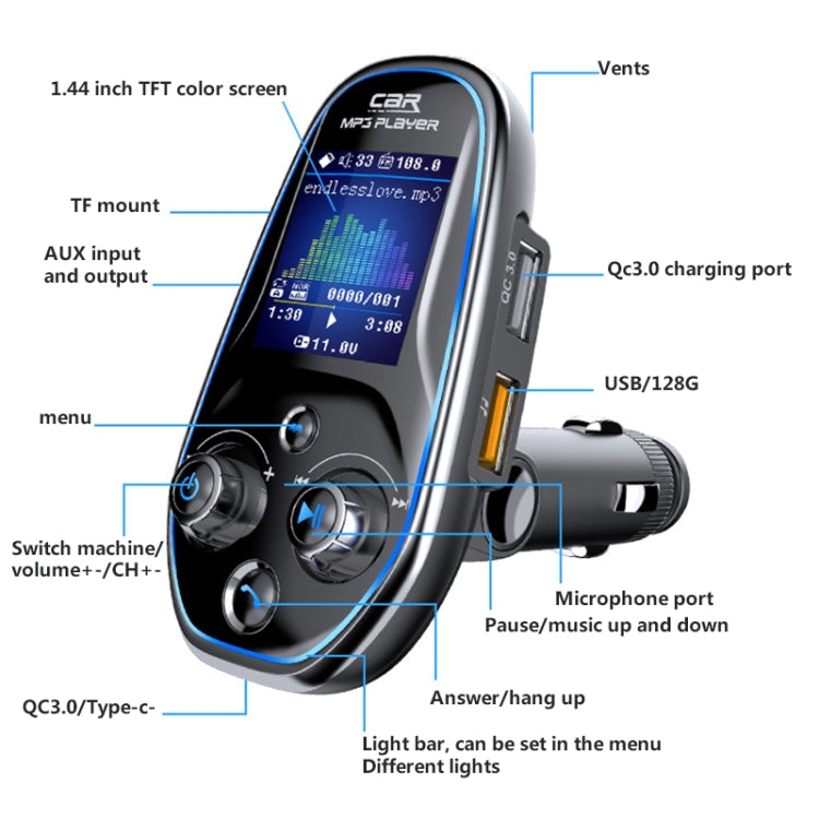 BT29 Color Screen Car Multi-functional Mp3 Player Multi-language Aux Out Card Bluetooth Adapter, BT29