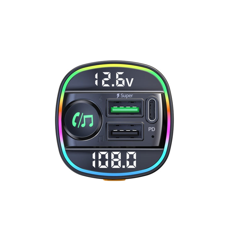 C22 Car Bluetooth 5.0 FM Transmitter LED Light Voltage Display QC 3.0 PD Charger, C22