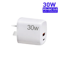 PD30W USB-C / Type-C + QC3.0 USB Charger with 1m Type-C to Type-C Data Cable, AU Plug, AU Plug + Type-C to Type-C Cable