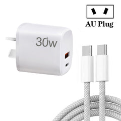 PD30W USB-C / Type-C + QC3.0 USB Charger with 1m Type-C to Type-C Data Cable, AU Plug, AU Plug + Type-C to Type-C Cable