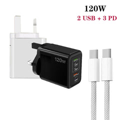 120W PD3.0 3 Type-C 2 USB Multi Port Quick Charger with Type-C to Type-C Cable, UK Plug, UK Plug + C to C Cable