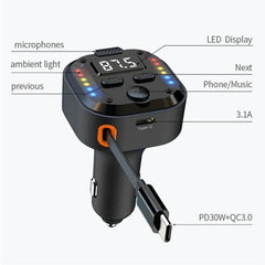 C69 PD 30W Fast Charger FM Transmitter Bluetooth Car Charger with Type-C Extendable Cable, C69