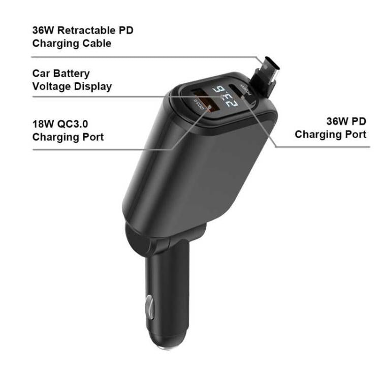 A25 QC3.0 / PD36W Fast Car Phone Charger with Cable, A25 (White), A25 (Black), A25 (Grey)