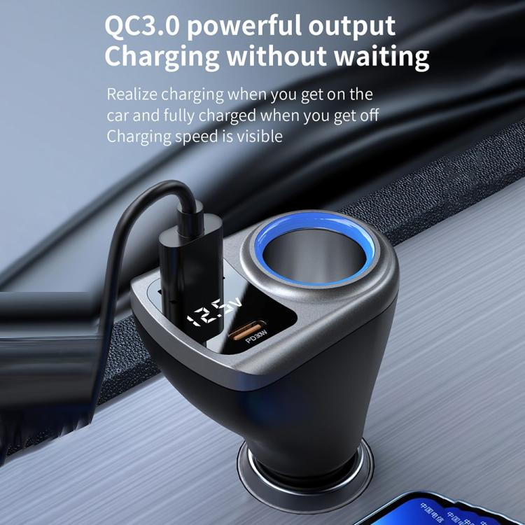 K29 3 in 1 Cigarette Lighter Socket Splitter Fast Charging Digital Display Car Charger