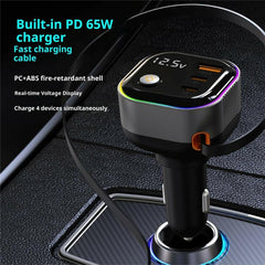 GE03 PD 65W Fast Charging Adapter Retractable Cable and Ambient Light Voltage Display Car Charger, GE03