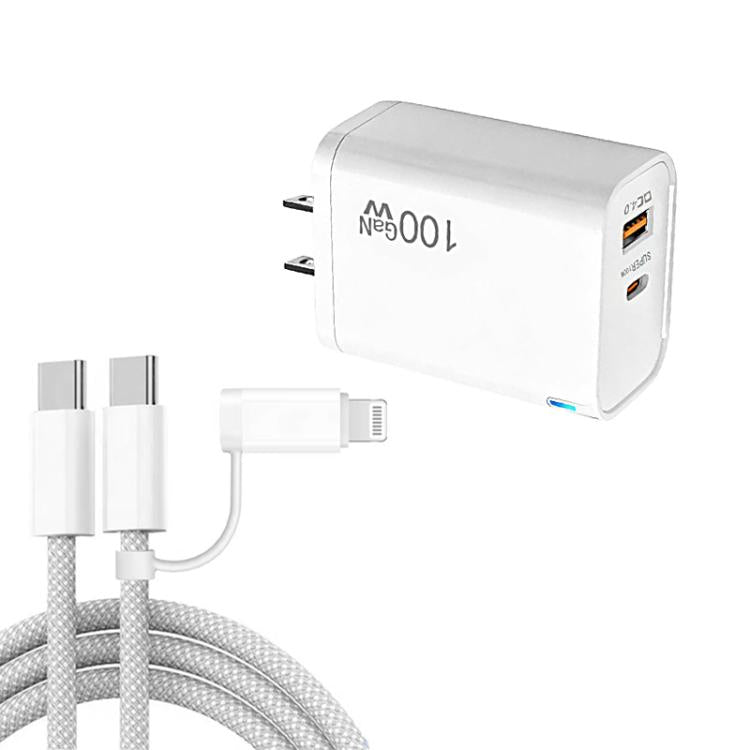 PD47 GaN PD45W Type-C + QC3.0 USB Charger with Type-C to Type-C / 8-Pin Data Cable, US Plug, US Plug