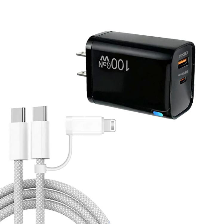 PD47 GaN PD45W Type-C + QC3.0 USB Charger with Type-C to Type-C / 8-Pin Data Cable, US Plug, US Plug