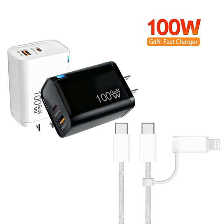 PD47 GaN PD45W Type-C + QC3.0 USB Charger with Type-C to Type-C / 8-Pin Data Cable, US Plug, US Plug