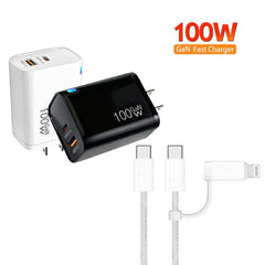 PD47 GaN PD45W Type-C + QC3.0 USB Charger with Type-C to Type-C / 8-Pin Data Cable, US Plug, US Plug