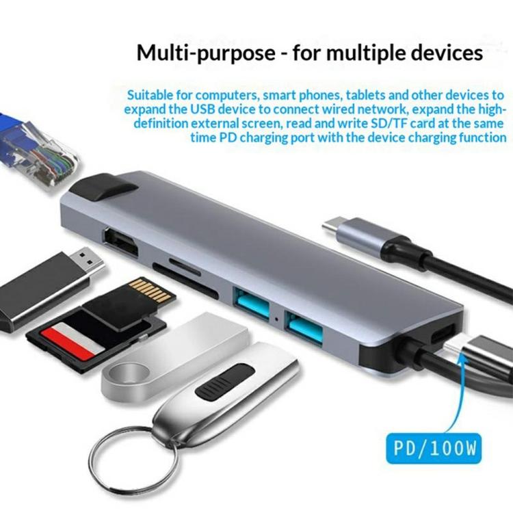 HC-75LC 4K HD PD100W Charging Gigabit Ethernet 7 in 1 USB-C Hub with USB 3.0 SD / TF Card Reader, HC-75LC