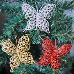 5 PCS Christmas Tree Decoration Artificial Flower Butterfly Christmas Pendant, Gold, Silver, Aermy Green, Pink, Red