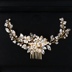 Golden Pearl Headband Tiaras Crystal Rhinestone Bridal Hair Combs Headpiece, Golden Pearl