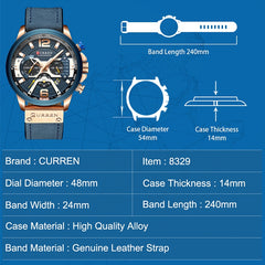 CURREN M8329 Casual Sport Leather Watch for Men, Rose blue, Rose black, Gold black, Black Khaki, White black