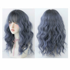 Women's Wool Long Hair With Bangs Natural Fluffy Wig, Haze Blue (Black On Top ) 54CM, Cold Brown 54CM