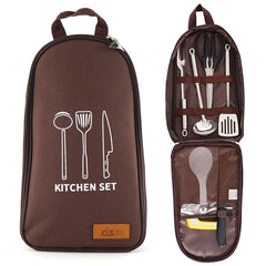 CLS 7-In-1 Outdoor 201 Stainless Steel Cookware Set Picnic Kitchenware Portable Handbag Picnic Bag, 7 in 1 Coffee, 7 in 1 Triangle Pattern