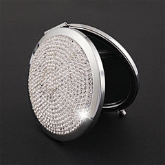 Diamond-encrusted Metal Double Side Folding Mini Portable Round Small Makeup Mirror, White, Red, Pink, Sky Blue, Green, Color White, Bright Black