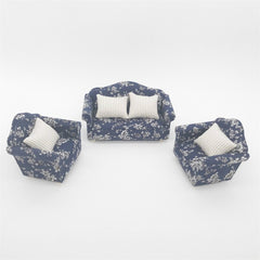 1:12 Doll House Furniture Decoration Three-piece Mimulation Sofa, Blue White Flower, Beautiful Flower Cluster, Fresh Big Flower Cluster, Water Jade, Square, Beautiful Vine