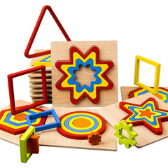 DIY Creative 3D Wooden Puzzle Geometry Shape Puzzle Children Educational Toys, Flower, Square, Oval, Polygon, Quadrilateral, Gear Shape, Round, Hexagon, Triangle, Pentagram