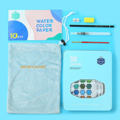 36 in 1 Solid Watercolor Paint Portable Tin Box Beginner Hand-painted Painting Tool Set