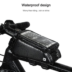 Rhinowalk Bicycle Front Tube Bag Waterproof Mobile Phone Touch Screen Multi-function Bicycle Handlebar Bag, Carbon Fiber Black, Matt Black