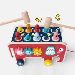 Baby Percussion Wooden Elephant Drag Cart Hitting Hamster Children Educational Toys, Red Elephant, Blue Elephant