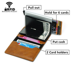 Automatic Elastic Card Type Anti-magnetic RFID Anti-theft Retro Card Package Universal Leather Metal Wallet