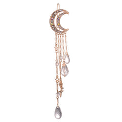 Fashion Elegant Women Lady Moon Rhinestone Crystal Tassel Long Chain Beads Dangle Hairpin Hair Clip Hair Jewelry, Gold, Silver, Rose Gold, Bronze