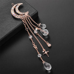 Fashion Elegant Women Lady Moon Rhinestone Crystal Tassel Long Chain Beads Dangle Hairpin Hair Clip Hair Jewelry, Gold, Silver, Rose Gold, Bronze