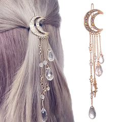 Fashion Elegant Women Lady Moon Rhinestone Crystal Tassel Long Chain Beads Dangle Hairpin Hair Clip Hair Jewelry, Gold, Silver, Rose Gold, Bronze