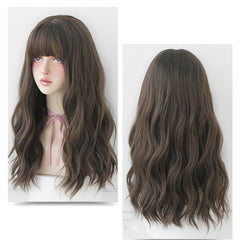 Ladies Long Hair Slightly Curly Wig Natural Fluffy Hair Cover, Gradient Soot Pink, Cool Brown, Dark Brown