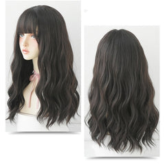 Ladies Long Hair Slightly Curly Wig Natural Fluffy Hair Cover, Gradient Soot Pink, Cool Brown, Dark Brown